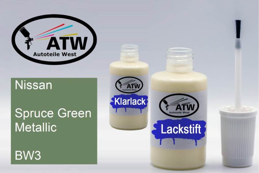 Nissan, Spruce Green Metallic, BW3: 20ml Lackstift + 20ml Klarlack - Set, von ATW Autoteile West.